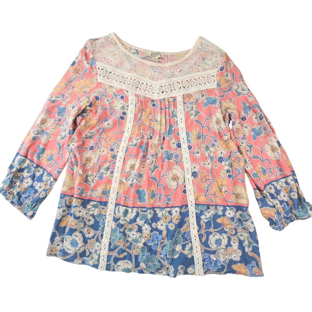 Vintage America Blues Portia Floral Lace Trim Blouse Coral Blue Womens M DVAK997